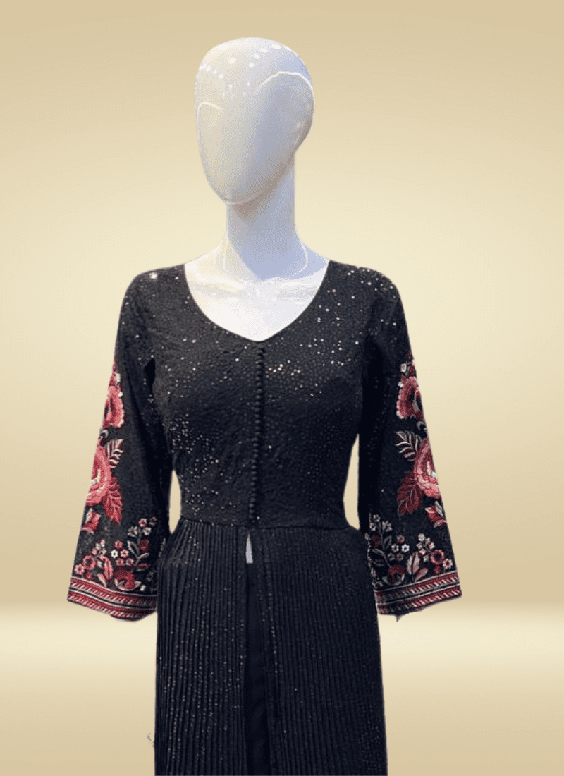 Noor-e-Gul Black Frontcut with Palazzo | thebluemoonshop.com