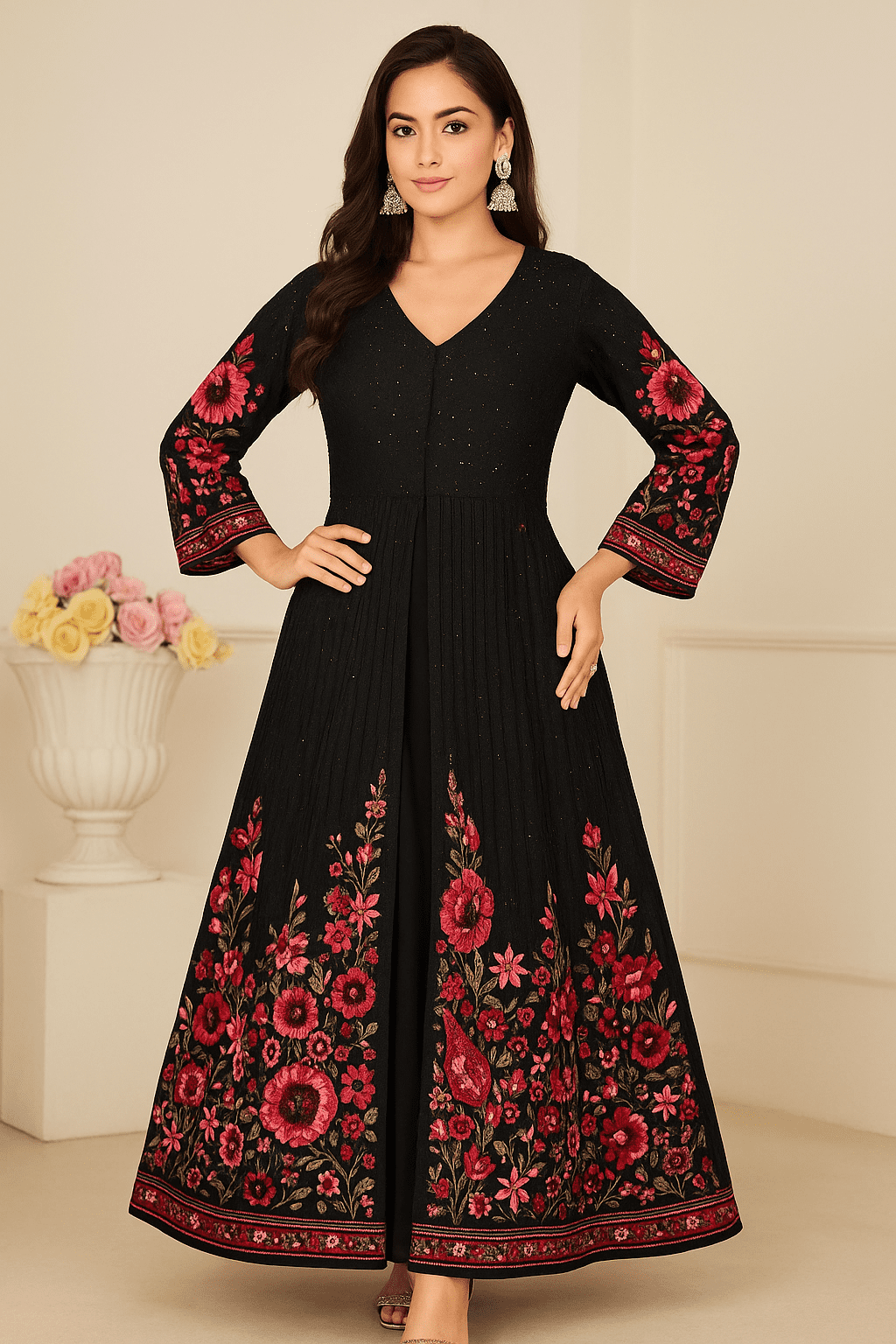 Noor-e-Gul Black Frontcut with Palazzo | thebluemoonshop.com