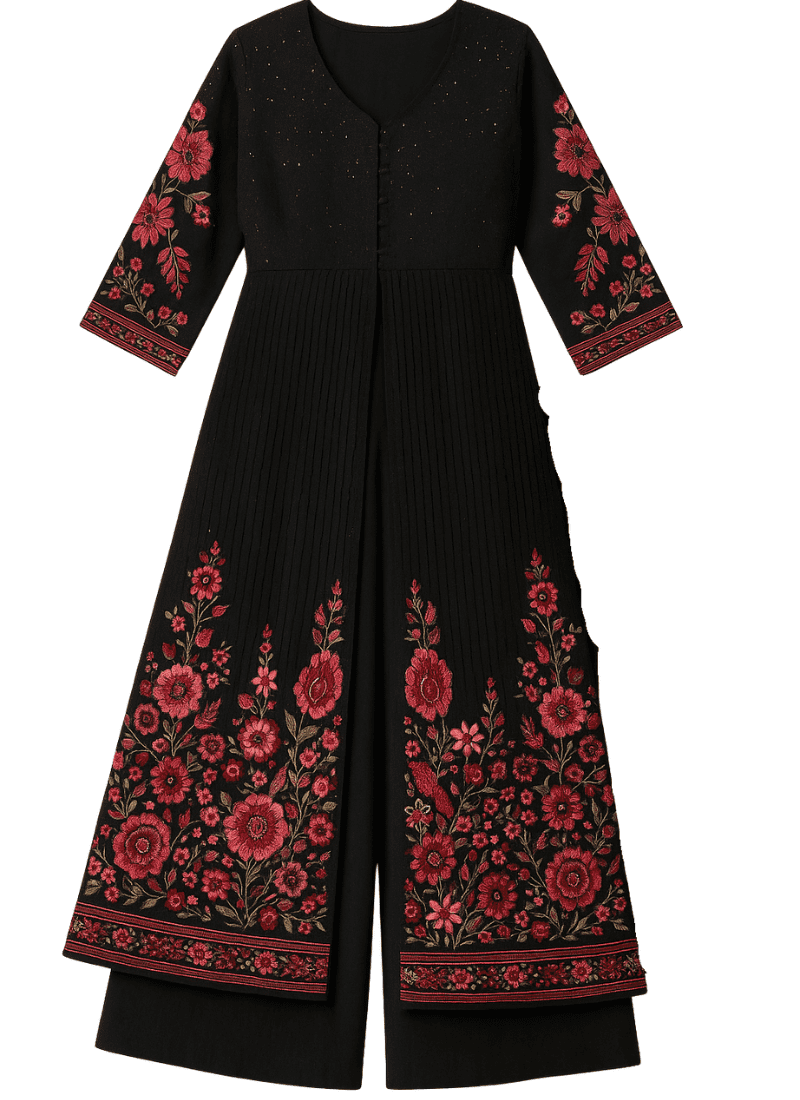 Noor-e-Gul Black Frontcut with Palazzo | thebluemoonshop.com